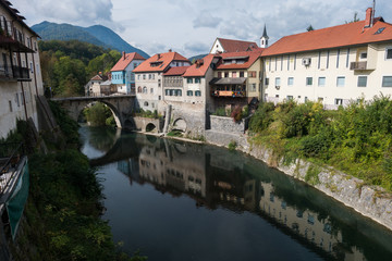 Fototapeta na wymiar Old town houses with canal and bridge