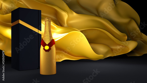 "Elegant background with developing gold silk, champagne bottle a" Stockfotos und lizenzfreie