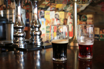 Chrome beer taps with highlights in the pub