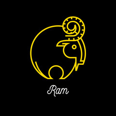 Logo of an abstract yellow line wild ram icon on black background. Vector illustration.