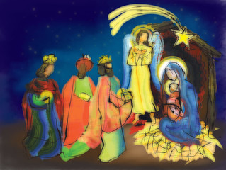 Christmas nativity religious abstract artistic Bethlehem crib scene, with Holy family Mary and baby Jesus and three wise men.holiday background, illustration.