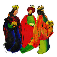 Three kings or three wise men. Christmas nativity abstract artistic textured watercolor style illustration.