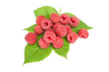raspberry with leaf over a white background