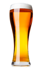 Tall glass of pilsner beer with head isolated