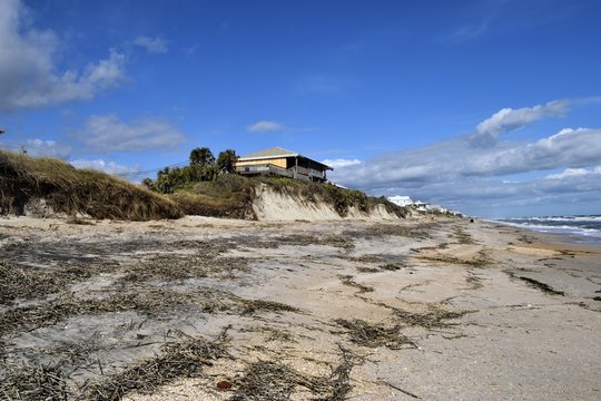 Beach erosion and damage caused by hurricane Matthew hitting along the east coast of Florida, USA