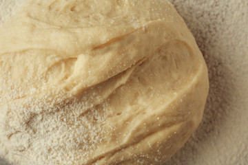 Close up view of raw dough and flour on kitchen table