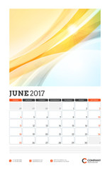 Wall Calendar Planner Template for 2017 Year. June. Vector Design Template with Abstract Background. Week starts Sunday. Portrait Orientation