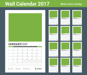 Wall Calendar Planner Template for 2017 Year. Set of 12 Months. Vector Design Template with Abstract Background. Week starts Sunday. Portrait Orientation