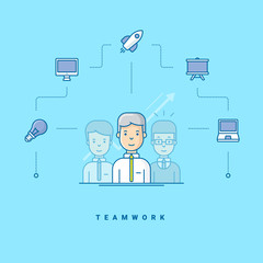 Teamwork. Three cartoon characters standing. Vector illustration in blue with flat line icons