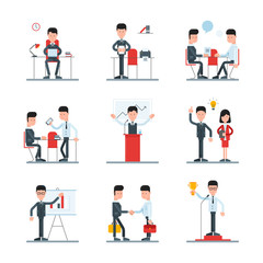 Set of flat line vector illustrations with cartoon characters businessmen in different situations