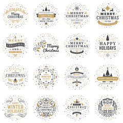 Set of Merry Christmas and Happy New Year Decorative Badges for Greetings Cards or Invitations. Vector Illustration. Typographic Design Elements. Golden and Black Color Theme