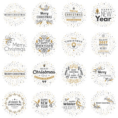 Set of Merry Christmas and Happy New Year Decorative Badges for Greetings Cards or Invitations. Vector Illustration. Typographic Design Elements. Golden and Black Color Theme