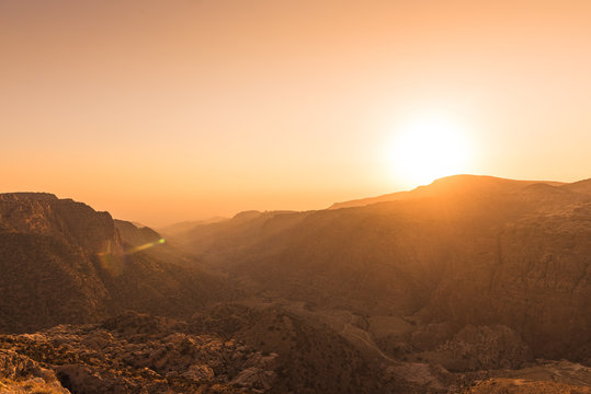 View of the dana Valley, Jordan, at sunset