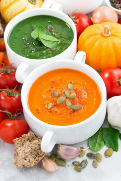 assortment of vegetable cream soups and ingredients, vertical