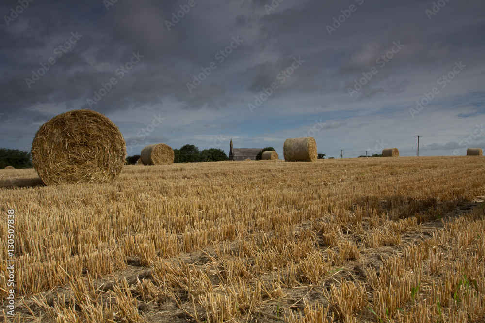 Wall mural round bales field church