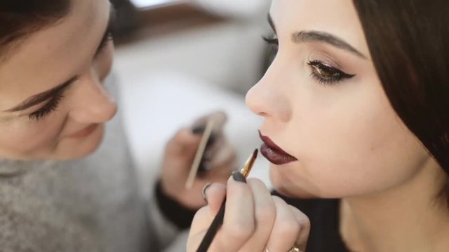 professional makeup artist paints a model lips,makeup, professional makeup, slow motion