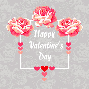 Happy Valentines day vector background. Valentin card with roses and hearts.