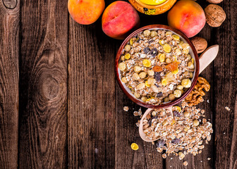 oatmeal in a sac, dried apricots, raisins, grapes, nuts on the b