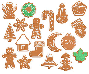 Gingerbread cookies on white background. Snowflake, glove, star, man, angel, candy, moon, Christmas tree, wreath, house, bell, ball, gift box, holly berry, sock shapes