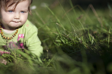 Kleinkind und Mutter auf Sommerwiese 