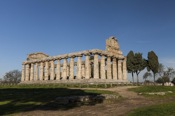 Large view of greek Athena temple, archaeological site of Paestum, Italy