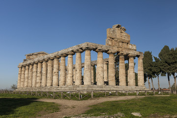 Archaeological site of Paestum in Italy. Greek Temple of Athena or Cerere