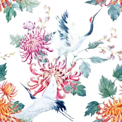 Fotobehang Kraanvogels Watercolor crane pattern  © Zenina-Lembrik
