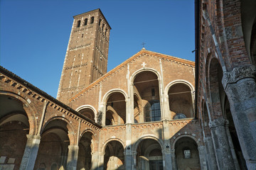 Fototapeta na wymiar Basilica of Saint Ambrogio facade and porch