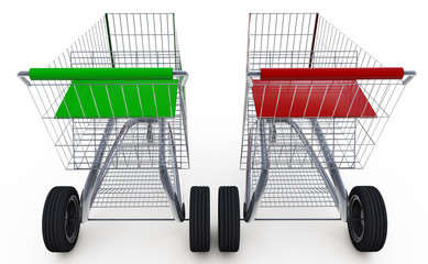 Concept. shopping cart with big car wheel isolated on white back