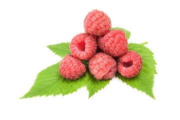 raspberry with leaf over a white background