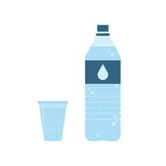 Plastic bottle of pure water with lable and drop on it. Plastic cup of water. Set. Vector illustration