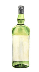 Watercolor alcohol bottle on white background. Alcohol beverage. Drink for restaurant or pub. Wine or wiskey.