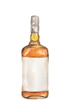 Watercolor alcohol bottle on white background. Alcohol beverage. Drink for restaurant or pub. Wiskey or liquor.