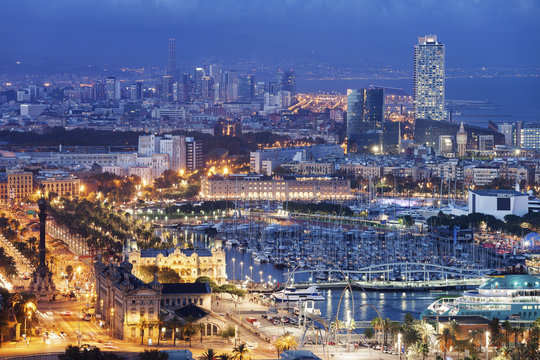 Spain, Barcelona, view to the lighted city at night