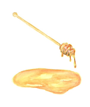 Watercolor honey stick on white background. Healthy and sweet food.
