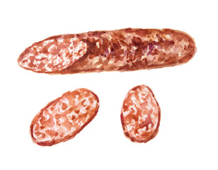 Isolated watercolor sausage on white background. Delicious and gourmet snack for restaurant and cafe. Salami.