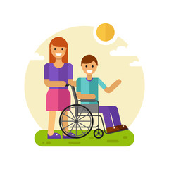 Vector flat design illustration of young smiling woman or friend on a walk with disabled young men waving in wheelchair in sunny day. Disability person and social worker concept for banner or web