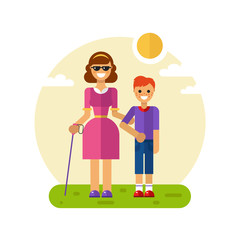 Vector flat design illustration of smiling boy with freckles helping young disabled blind woman in glasses and with stick walking. Woman keeping boy's hand. Disability person concept for banner