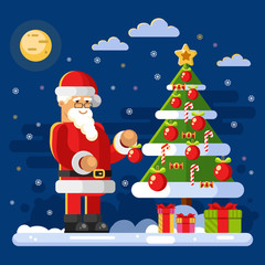 Flat design vector stock illustration of Santa Claus in glasses decorate Christmas tree. Candy, christmas ball, gift boxes, snow, moon, snowflakes. New Year & Christmas concept for gift card or banner