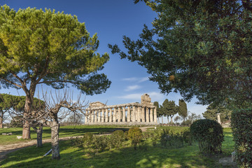 Fototapeta na wymiar Large view of the Athena greek temple, in Paestum, Salerno, Italy