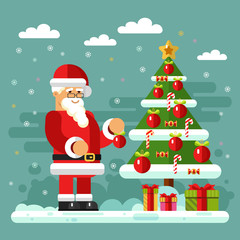 Flat design vector stock illustration of Santa Claus in glasses decorate xmas tree. Candy, christmas ball, gift boxes, snow, snowflakes. New Year, Christmas & Holidays concept for banner