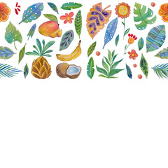 Watercolor pattern with tropical plants and fruits