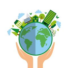 hands holding a earth planet and ecology icons around. colorful design. vector illustration