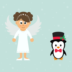 Obraz na płótnie Canvas cute penguin and christmas angel
