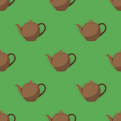 Tea time. Cute teapots on green background. Ideas for textile, wallpaper, wrapping, web pages. Vector illustration. Seamless pattern.