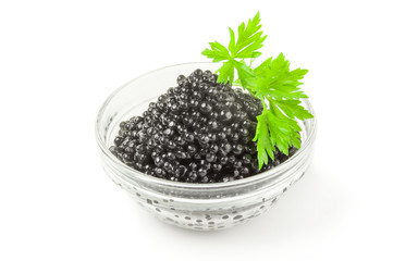 Black fish eggs on a white background clipping path
