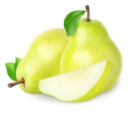 Two whole pear fruits with a cut isolated on white, clipping path