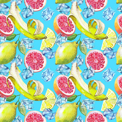 Nice handmade pattern of tea leafs and citrus fruits: lemon, grapefruit, orange, lime. Watercolor. 
