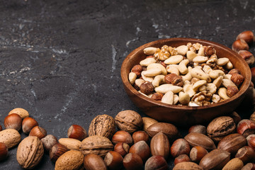 Background of mixed nuts - hazelnuts, walnuts, almonds - with copy space. 