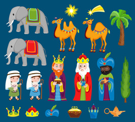 Three Wise kings bring gifts to Jesus on Christmas. Set of Christmas scene elements.